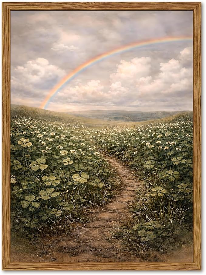 Framed Vintage Landscape Canvas Wall Art, Rustic Wildflower Field Rainbow Pictures Wall Decor, Cottagecore Nature Paintings Prints Country Home Decor Aesthetic for Living Room Bedroom 16x24 inch