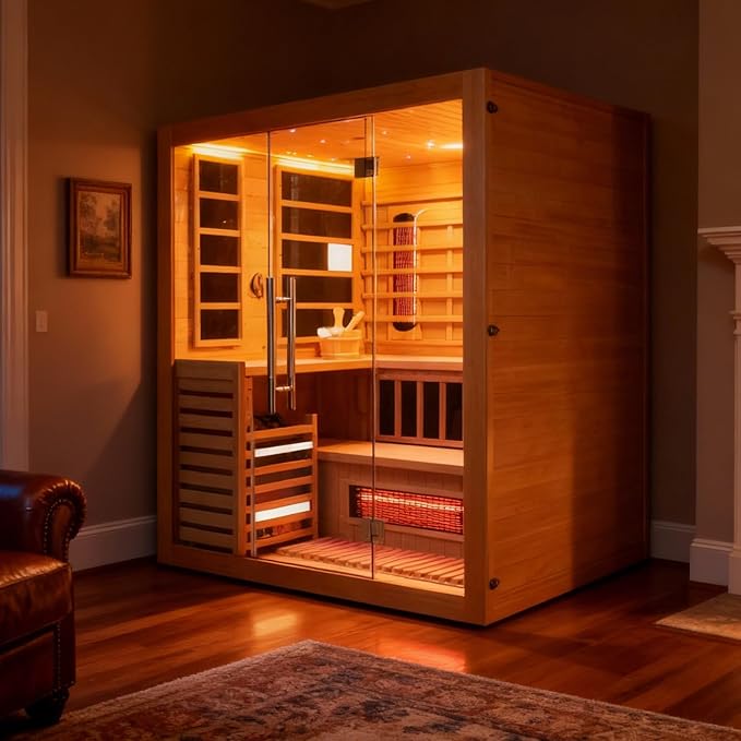 Infrared & Steam Dual-System Sauna Room for 4-6 Person, Wood Hybrid Home Sauna with Heater, Indoor Traditional Saunas Spa with Heaters & Sauna Stove, Speaker, Oxygen Bar, Bucket