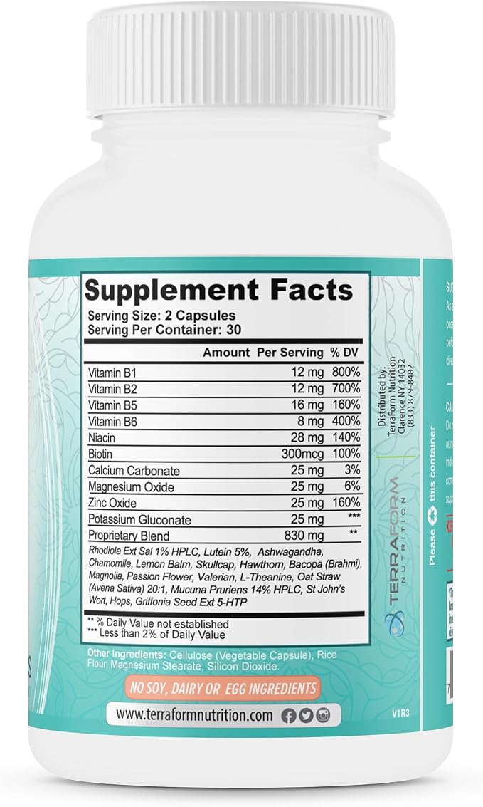 TerraForm Nutrition Stressed Out – Mental Focus & Relaxation Supplement – 60 Capsules – USA Made – 1 Month Supply