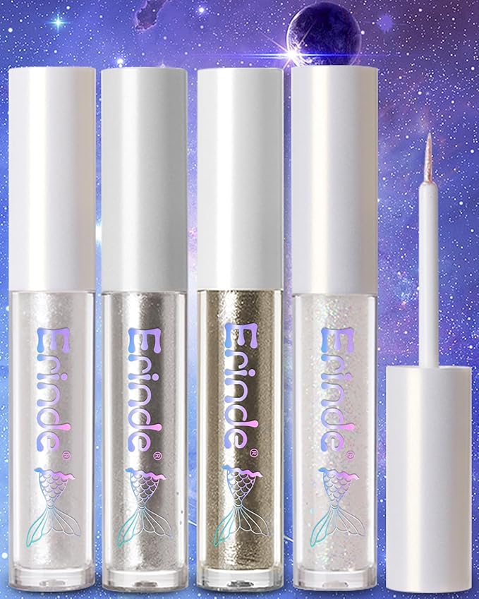 Erinde 4PCS Liquid Glitter Eyeshadow Eyeliner Makeup, Shimmer Metallic Eye Liner, Long Wearing Waterproof, Twinkle Under Eye Shadow, Loose Glue for Crystals Eye Makeup