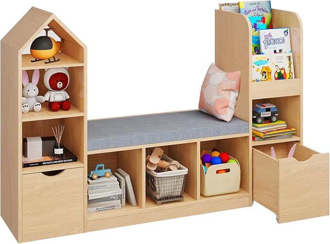 Vabches Toy Storage Organizer for Kids Bookshelf with Reading Nook, Multifunctional Kids Bookcase with 7 Storage Cubbies, 2 Movable Drawers and Seat Cushion for Keeping Kids' Toys Books Organized, Oak