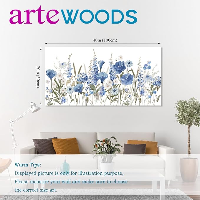 arteWOODS Elegant Flowers Wall Art - Blue White Botanical Pictures for Wall Decor Floral Blossom Canvas Painting Print Artwork for Living Room Bedroom Home Office Wall Decoration 20" x 40"
