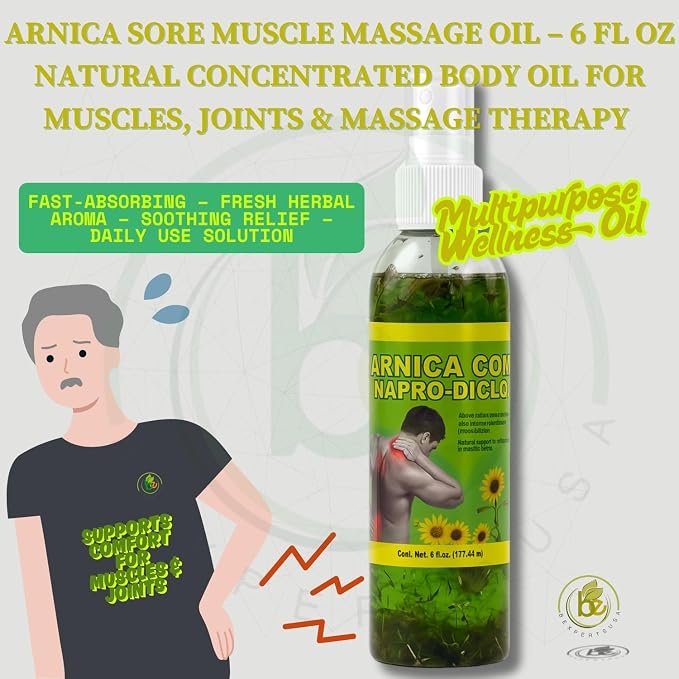 Arnica Sore Muscle Massage Oil – 6 fl oz (3-Pack Bundle) – Natural Concentrated Body Oil for Muscles, Joints & Massage Therapy – Fast-Absorbing – Herbal Aroma – Soothing Relief – Daily Use Solution