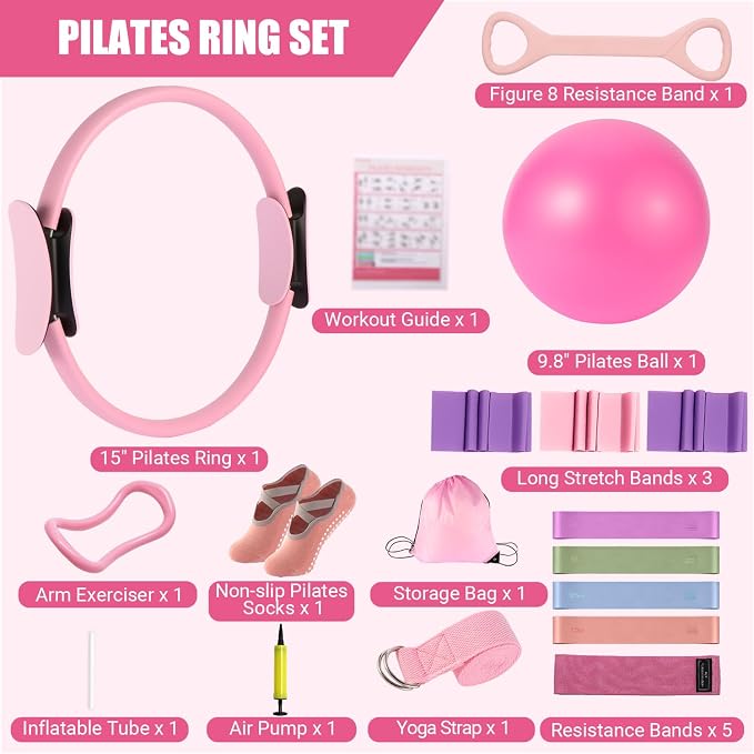 Qinkada Pilates Kit, Pilates Equipment Home Workout Essentials Set with 15" Pilates Ring and Yoga Ball, Resistance Bands, Figure 8 Resistance Band, Arm Exerciser, Yoga Strap, Socks, Bag Accessories