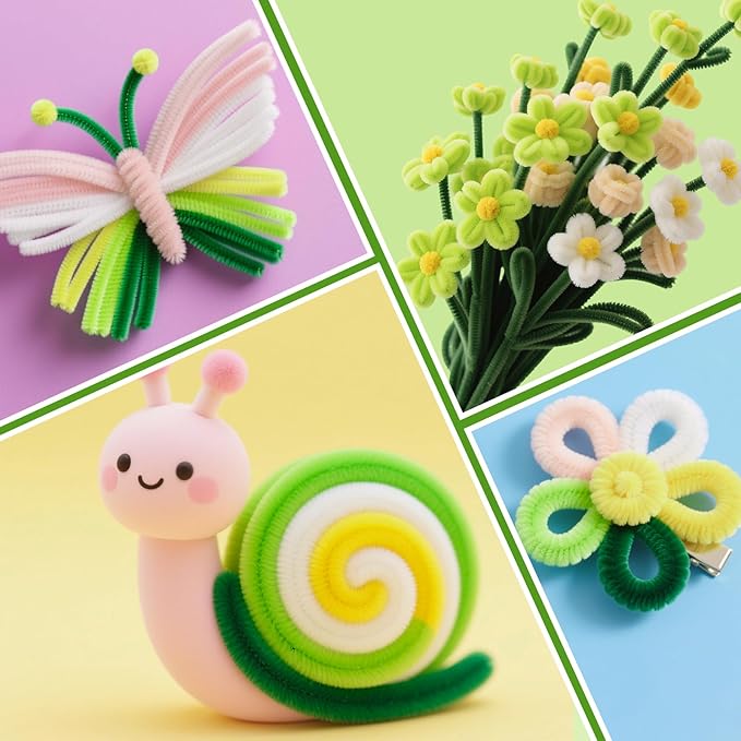 ASTARON 521 Pcs Pipe Cleaners Craft Set, 5 Colors Pipe Cleaners Bulk Pastel Chenille Stems for Craft Pipe Cleaner Flowers Making Kit with Floral Wires, Gardening Tape (Green Yellow Series)