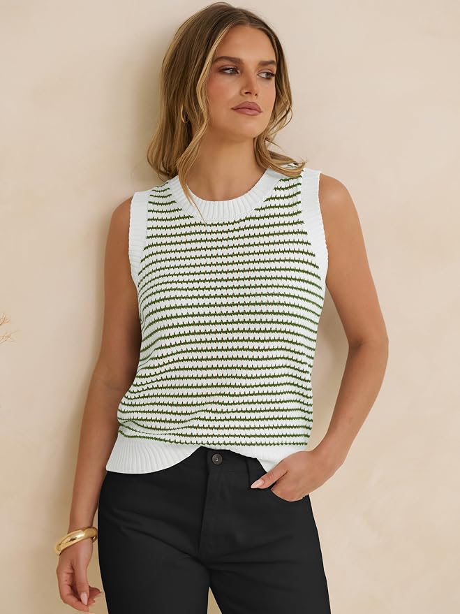ANRABESS Womens Sleeveless Sweater Vest Striped Tank Tops | Crochet Knit Crew Neck, Lightweight Soft Comfy, Vacation Travel Work Casual Outfits, Sping Summer Layering Clothes