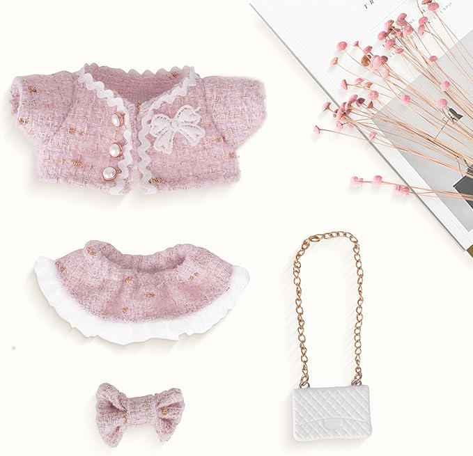 4-Piece Clothes for Sitting Standing Collection, Cute Clothes Sets for 17cm Doll, Including Pink Coat, Skirt, Handbag, Bow (No Doll)