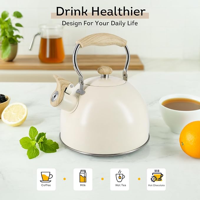 Lily's Home Whistling Tea Kettle, Teapot for Stovetop, Pleasant Whistle Sound, Heat Resistant Plastic Handle - Faux Wood Finish, Non Toxic Stove Kettle for Boiling Water - 2.5 Quarts (Cream)