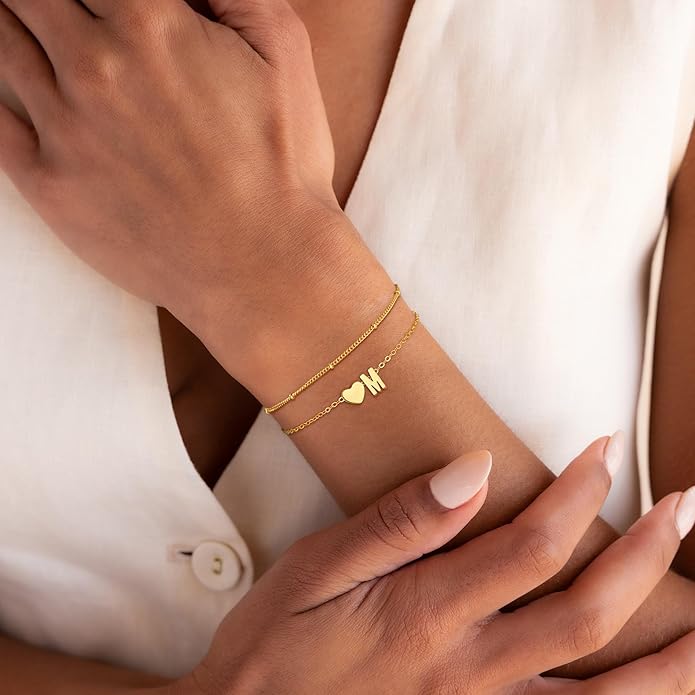 Gold Initial Bracelets for Women Girls - 14K Gold Plated Heart Initial Bracelet Teen Girl Gifts Trendy Stuff Dainty Gold Bracelets for Women Girls Trendy Jewelry Gifts