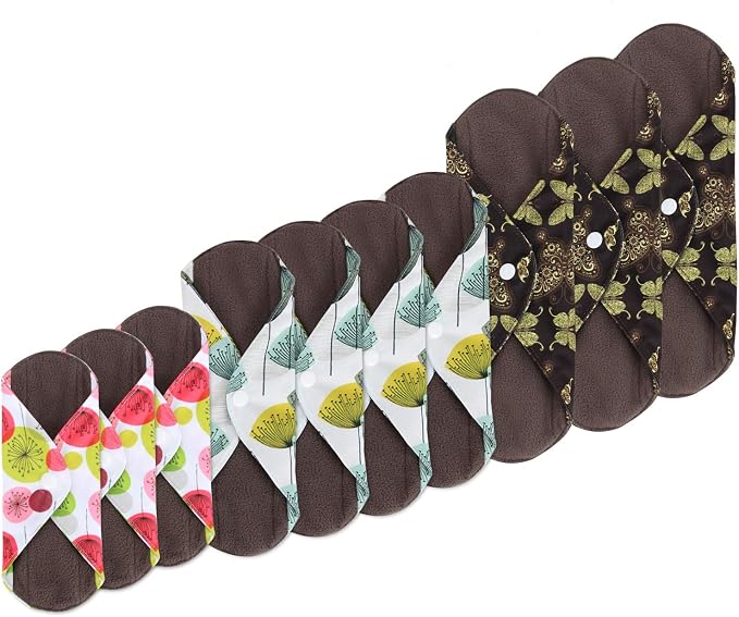 Teamoy 10pcs Cloth Panty Liners, Reusable Sanitary Pads with Wet bag, Washable Cloth Menstrual Pads with Charcoal Absorbency Layers (Country Style, 3pcs×7.9''+4pcs×10''+3pcs×11.6''), 11 Piece Set