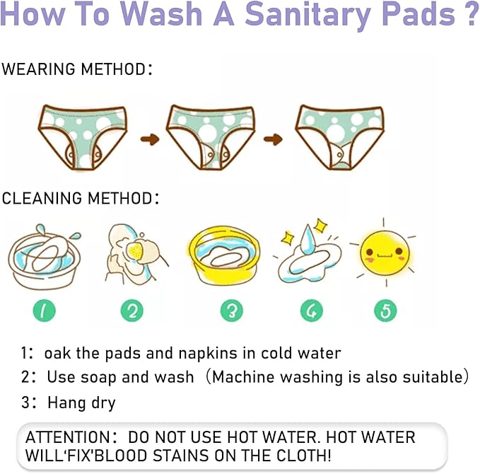PHOGARY Reusable Menstrual Pads for Heavy Flow with Wet Bag, 7 Pieces Sanitary Pads Set with Wings for Women, Washable Overnight Cloth Panty Liners