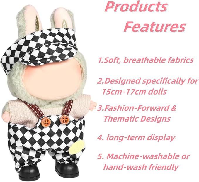 Doll Clothes for 17cm Figures, Black and White Checkerboard Overalls Paired with a Checkered Bucket Hat