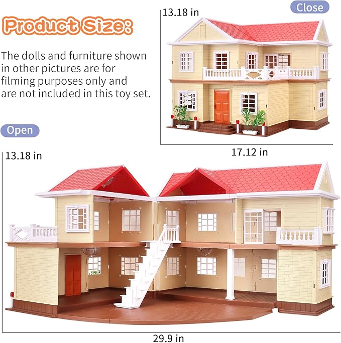 Family Cozy Cabin Doll House Playset, Dollhouse Furniture and Accessories,DIY Cottage Pretend Play Dollhouses, for Toddlers, Boys & Girls