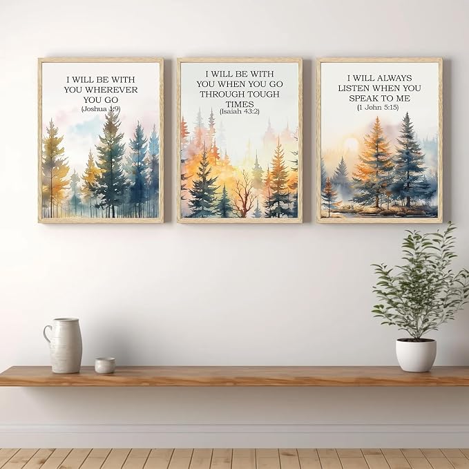 Forest Bible Verse Wall Art Painting Vintage Scripture Christian Landscape Wall Decor, Spiritual Jesus Nature Forest Quote Poster Canvas Prints, for Living Prayer Room Bedroom 12x16 inch Framed