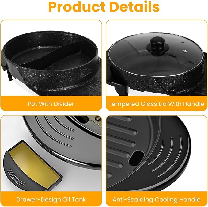 Hot Pot Electric with Grill, 2 in 1 Smokeless Non-Stick Shabu Shabu Pot | Korean BBQ Grill, Independent Dual Temperature Control, 2200W Fast Heating, for Family Gatherings or Friends' Parties