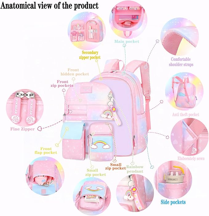 3Pcs Kids Backpack For Girls,Cute Rainbow Student School Backpack With Lunch Bag Pen Bag Set (Pink Large 17.5in