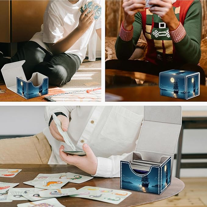 DEGDFSGR for TCG MTG Card Game Storage Box Organizer Trading Card Case Commander Deck Box Magnetic Closure Creative Pattern Up to 200 Cards, Moon Ship Blue Sea