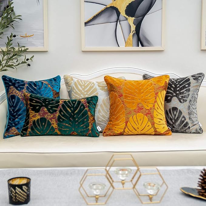 Alerfa 18 x 18 Inch Square Leaf Pillow Embroidery Cut Velvet Cushion Case Luxury Modern Lumbar Throw Pillow Cover Decorative Pillow for Couch Sofa Living Room Bedroom Car, Navy Blue