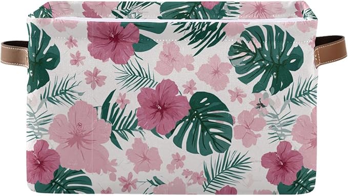 Aslsiy Storage Basket Hibiscus Flower Pink Nursery Bins Monstera Leaf Baby Box Canvas Clothes Shelf Basket Laundry Hamper 2 Pcs