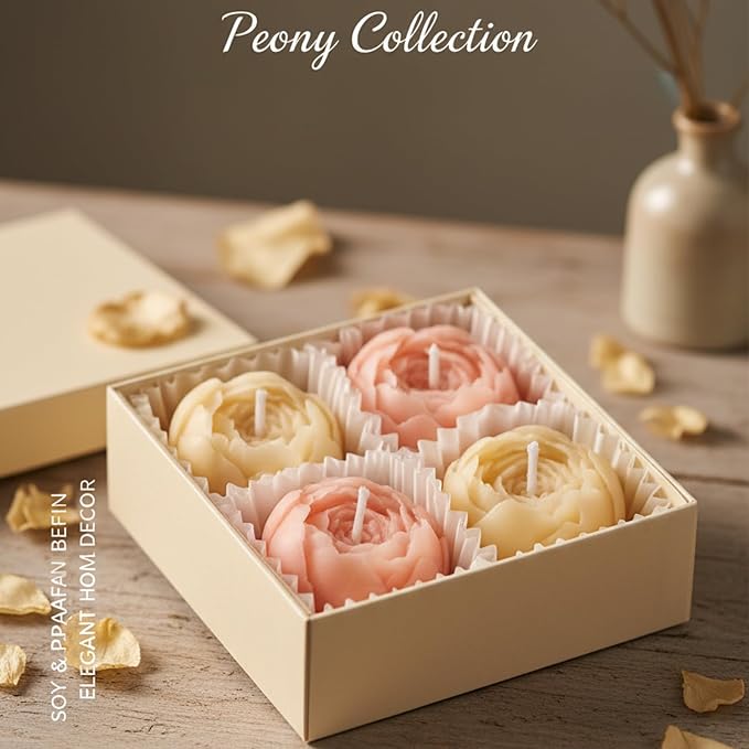 Flower Candles, Scented Floral Candle Rose Peony (Champagne) | 4-Pack Handmade Aromatherapy for Spa Party Wedding Home Decor