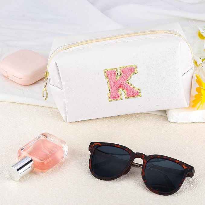 URSKYTOUS Initial Makeup Bag Personalized Preppy Travel Small Cosmetic Bag Cute PU White Chenille Letter Makeup Pouch for Purse Waterproof Zippered Toiletry Organizer for Women Girls Kids Friends (K)