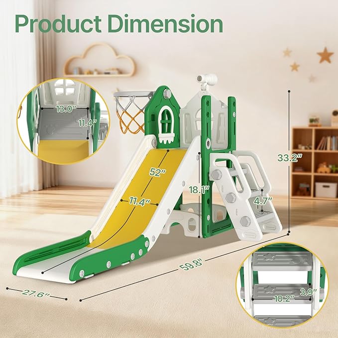 BIERUM 6 in 1 Toddler Slide - L-Shaped Baby Slide for Toddlers Aged 1-3 with Basketball Hoop, Telescope Toy and Anti-Slip Pads, Indoor Outdoor Toddler Playset, Green Yellow