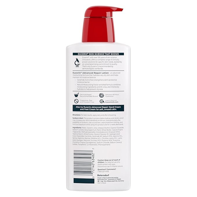 Eucerin Advanced Repair Body Lotion for Very Dry Skin, Unscented Lotion Formulated with Ceramides, 16.9 Fl Oz Bottle