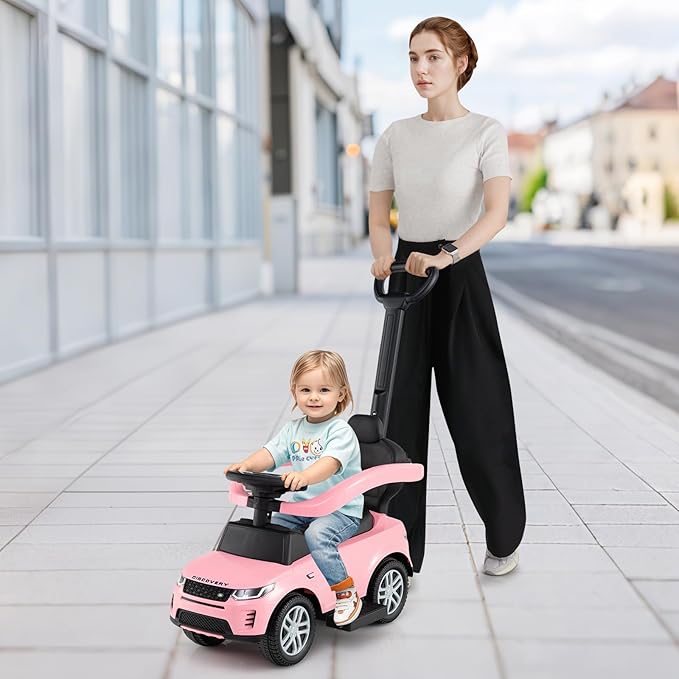 Costzon Push Car for Toddlers, 3 in 1 Land Rover Discovery Stroller Sliding Walking Car with Handle, Horn Sound, Underneath Storage, Armrest Guardrail, Foot-to-Floor Ride On Toy for Boys Girls (Pink)