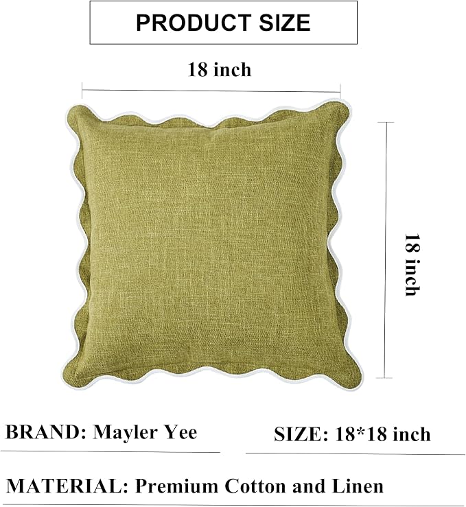 Scalloped Pillow Covers Set of 2 for Living Room | Spring Decorative Sofa Couch Pillows | Boho Sytle Decorative Home | Aesthetic Funky Preppy Pillow Cases (Green & Yellow, 18x18 Inch)
