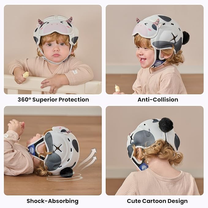Baby Head Protector Baby Helmet for Crawling and Walking - No Bumps and Soft Safety Peak - Ultra Light and Adjustable Baby Head Protector Suitable for Babies 6-24 Months-Milky Cow