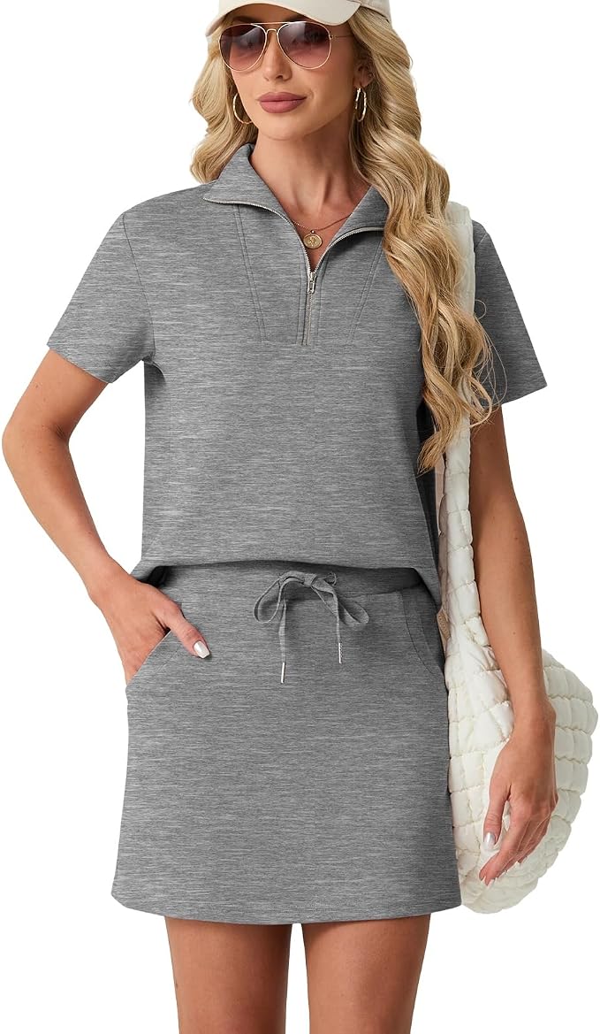 GRECERELLE Women's Summer 2 Piece Skort Set Half Zip Short Sleeve Top & Pocketed Tennis Skirt For Sports & Vacations.