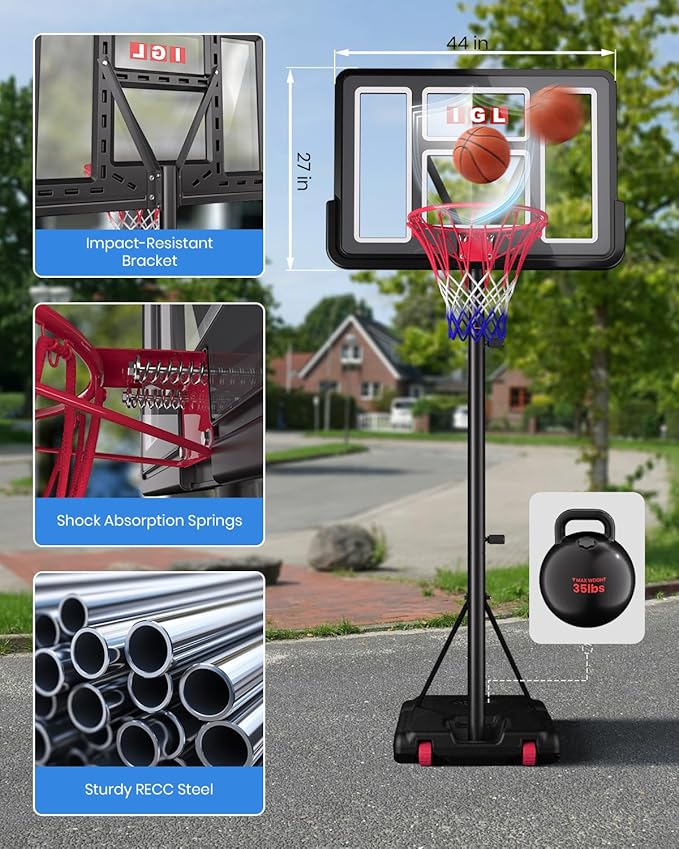 IGL Portable Basketball Hoop, 5.6-10FT Adjustable Basketball Goal System, 40/44 Inch Outdoor Basketball Hoop & Goals for Kids, Youth, and Adults in The Backyard, Driveway with PC Backboard