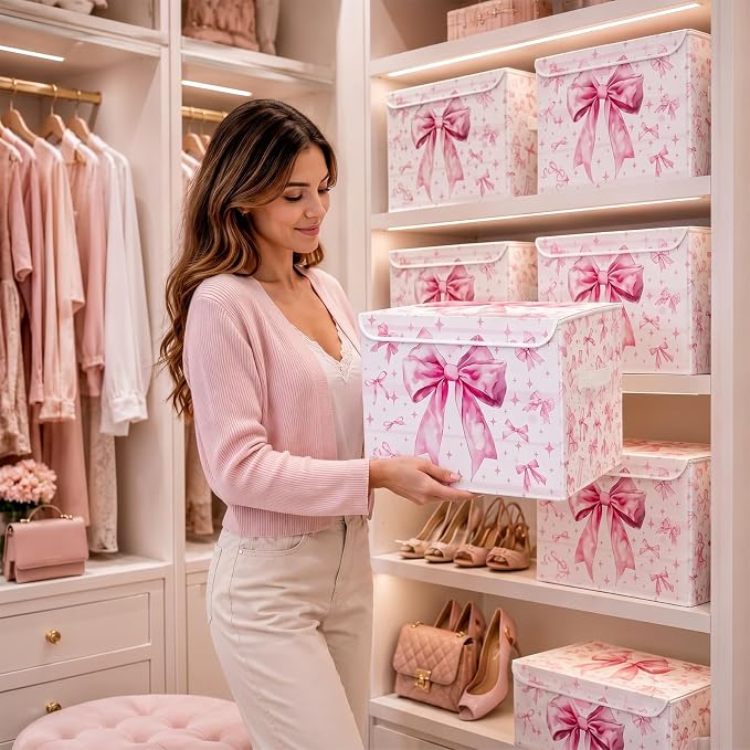 Briwooody Pink Bow Storage Bin with Lid and Carrying Handle Cute Coquette Foldable Storage Box Large Bow Knot Girly Decorative Collapsible Container Basket for Organizing Closet Home Bedroom Gift
