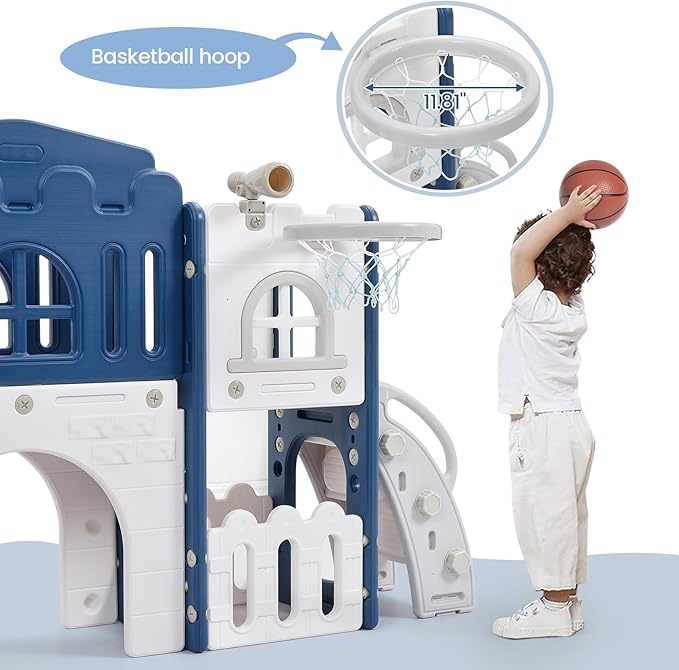 GarveeHome 8 in 1 Toddler Slide, Toddler Outdoor Playset with Slide, Climber, Tunnel, Basketball Hoop, Toy Storage and Telescope for Toddlers Age 1-3, Blue