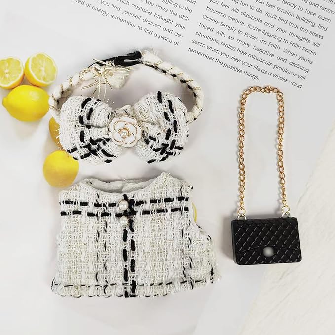 Clothes for 17cm Dollโ Classic Checkered Chic Set, Featuring a White and Black Checked Dress, Bow Headpiece, and Stylish Black Mini Bag โ Doll Not Included