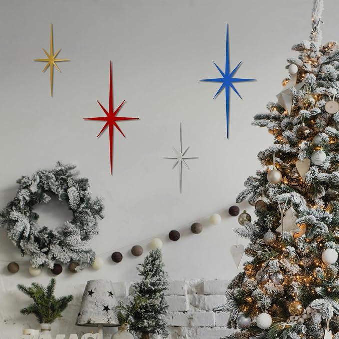 4 Pcs Star Wall Art for Home Decor Living Room Bedroom Office Metal 3D,Bling,with Hanging Hook Starburst Midcentury Sculpture Retro Gallery Accent Celestial -Gold 16.5in/9.4in