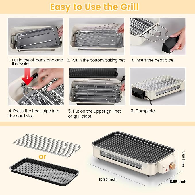 Electric Indoor Grill 1500W, YOHAWJAN 2 in 1 Smokeless Indoor Grills with Non-stick Removable Grill & Griddle Plate, Temperature Control, Portable Korean BBQ Grill with 3 Raclette Cheese Pans