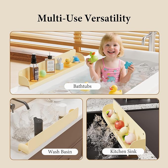 Bathtub Splash Guard, Silicone Toy Tray Holder Storage with 10 Strong Suction Cups, Bathtub Accessories Prevent Water Spills, Countertop Protectors for Tub, Bathroom Sink, Kitchen Sink 1 Pcs Yellow