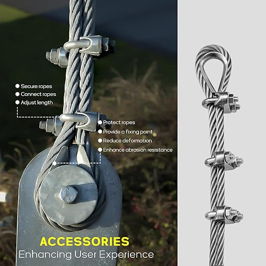 1/4" Stainless Steel Cable, 100FT Wire Rope Aircraft Cable with Cable Clamps and Thimbles for Backyard Zipline, String Lights and Deck Railing, 6x37 Strands Construction