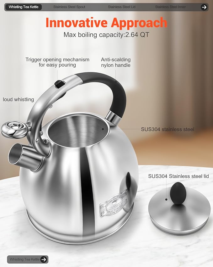 Whistling Tea Kettle for Stovetop, (2.64 Quart-Mirror) Food Grade Stainless Steel Teapot of 5-layer base