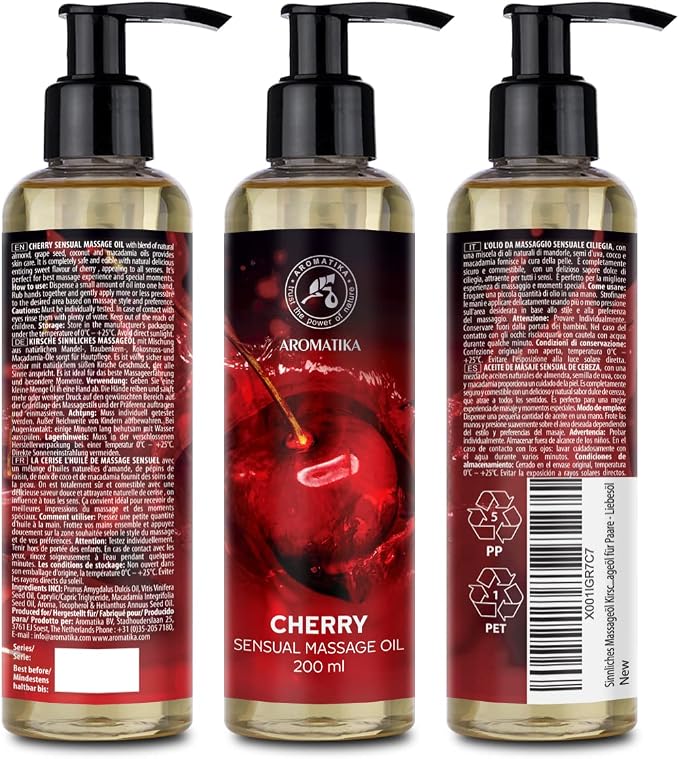 Cherry Sensual Massage Oil for Couple 6.8 Fl Oz - Massage Oil - Blend of Almond and Grapeseed Oils - Body Oil for Him & Her - for Couples - Romantic Gift - Relaxing Massage Oil