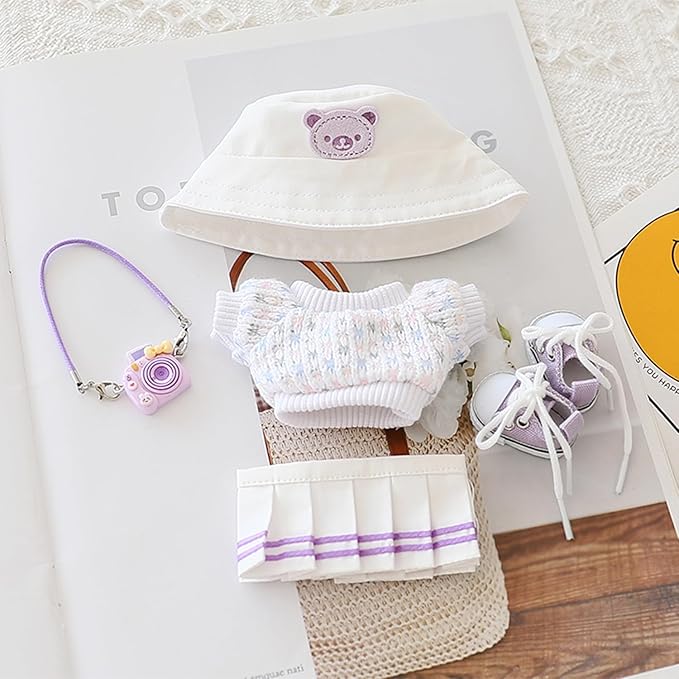 Clothes for 17cm Dolls Sweater Clothes Accessories(No Doll Only Clothes), Stylish Outfit Suitable for 6.69inch (17cm) Doll Soft Clothing Replacement(PurpleA+hat+Dress+mini Pendant+Shoes)
