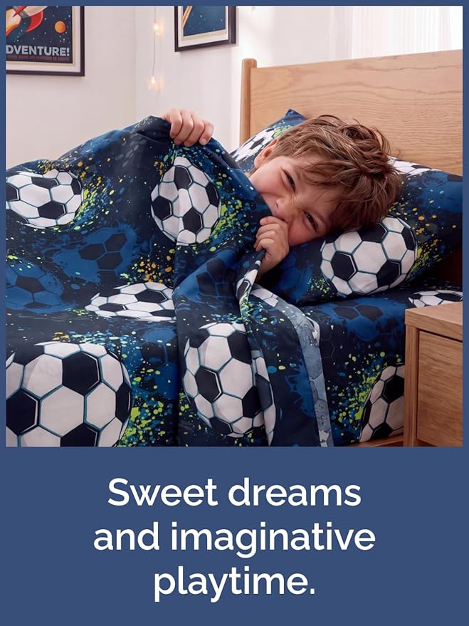 CGK Unlimited Kids Midnight Soccer Queen 4 Piece Sheet Set - Boys, Girls, Teens, Toddler - Easy Fit Deep Pockets - Soft, Cooling & Breathable Sheets - Cozy, Fade and Wrinkle Free - Machine Washable