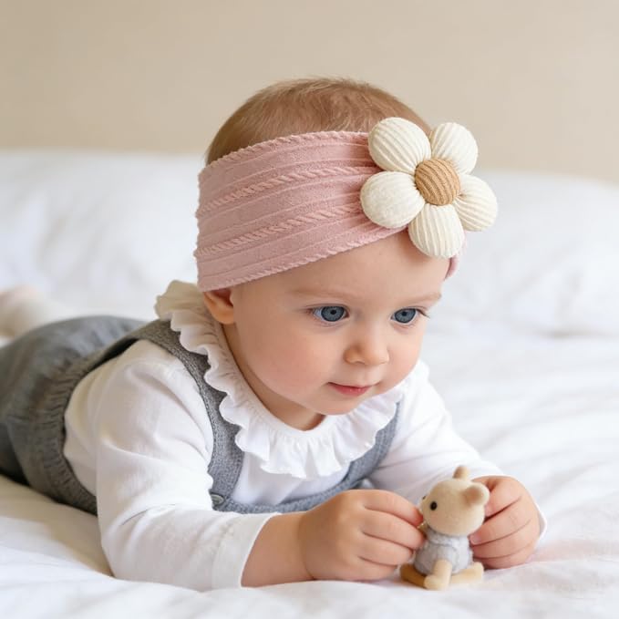 CÉLLOT Baby Flower Headbands Baby Girls Nylon Headbands Baby Essentials Stretchy Hairbands Handmade Hair Accessories for Newborn Infant Toddlers Kids (Pink,Khaki Gray,Dusty Pink)