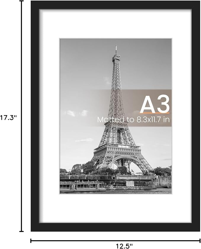 upsimples A3 Picture Frame, Display Pictures 8.3x11.7 with Mat or 11.7 x 16.5 Without, Wall Hanging Poster Frames, Black, 1 Pack
