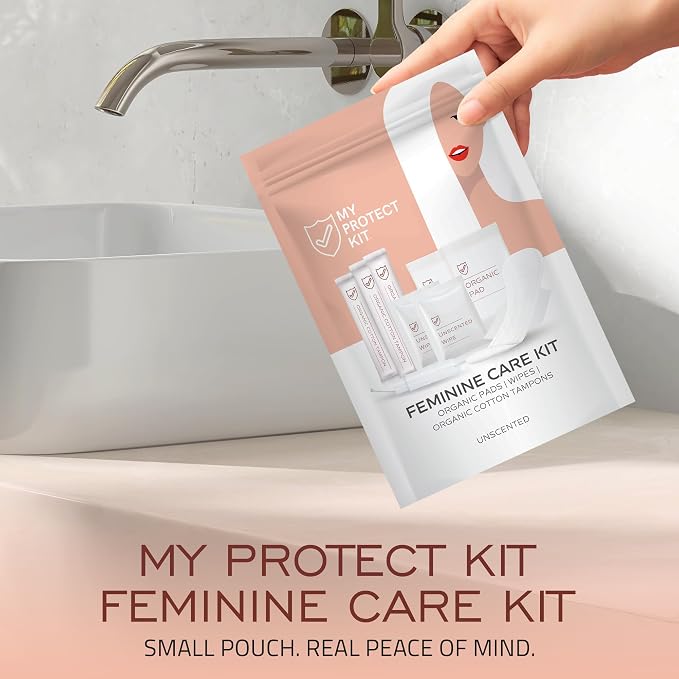 MY PROTECT KIT Feminine Care Kit - 11 Pieces First Period Kit, Compact Hygiene Set for Women, Essentials with Cotton Tampons, Organic Pads & Wipes, Pack of 6