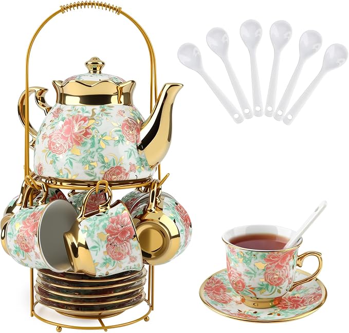 20 Pcs Porcelain Tea Set with Metal Holder, Adult Tea Set Gift, European Ceramic Tea Set for Adults, Flower Tea Cup Saucer Set for Party With Gold Flower Painting (Vibrant Green)