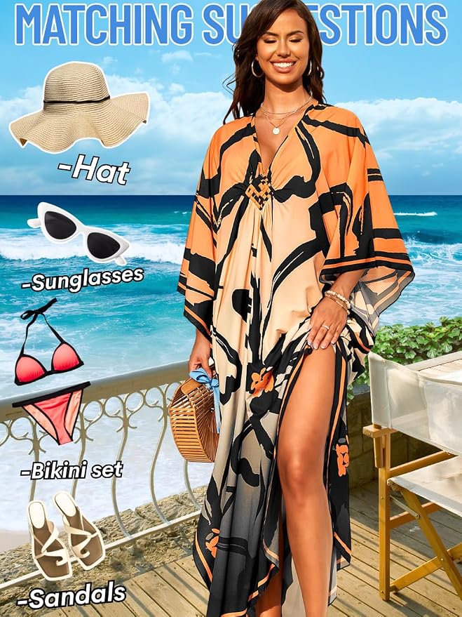 ChiaoLezhee Print Moo-Moos for Women, Kaftan Cover-Up Dresses, Sexy V-Neck High-Slit, Beach Pool-Party Coverups Muumuu Plus