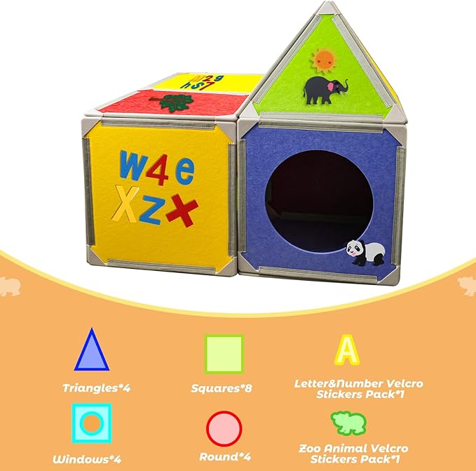 Magnetic Fort Building Panels – 16PCS Upgraded Felt Panels with Alphabet, Number & Animal Stickers, Kids Magnetic Playhouse Construction Toy Set for Creative Fort Building