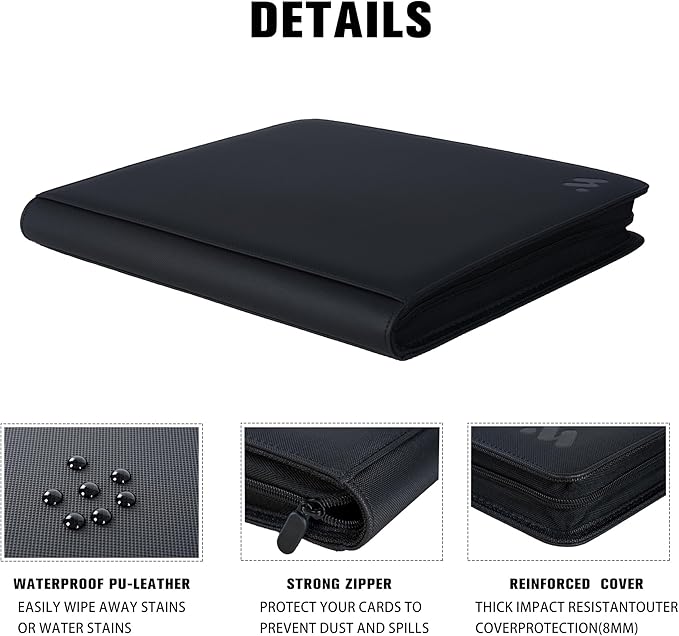 Premium 16 Pocket Trading Card Binder,1024 Card Capacity Card Binder Ringless Design with Zipper Side Loading Trading Card Album Folder for MTG, Sports Cards & TCG - Black